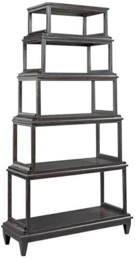 Etagere Woodbridge Solid Oak Wood Gray Slate Finish Six Tiered Pyramid Shelves