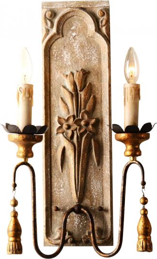 Wall Sconce Valentina Terracotta Lighting Flower Relief Wood Iron 2-Light Candle
