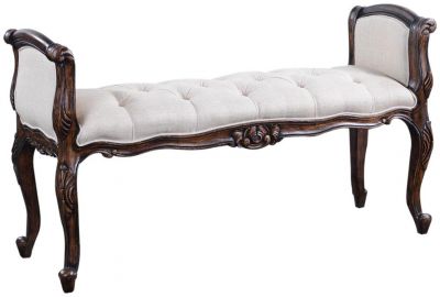 Window Bench French Style Carved Wood, Distressed Walnut, Oatmeal Linen Fabric