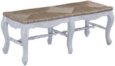 Window Seat French Country White Floral Carving Solid Wood Hand Woven Rush