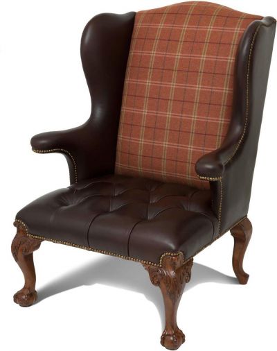 Wing Chair Scarborough House Hand Carved Mahogany Tufted Leather Brown Wool