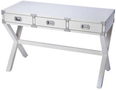 Writing Desk Campaign Military White Distressed Silver Hardware Rubberwood