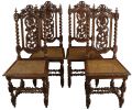 Antique Dining Chairs Set 4 French Hunting Renaissance Carved Oak Grapes Cane