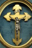 Antique Framed Crucifix Cross Religious Gold Blue Black White Cream Polished