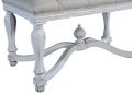 Bench King Henry Aged White Wood  Finial Serpentine Stretcher  Tufted Gray Linen