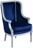 Bergere Chair Louis XVI French Hand-Carved Venetian White Wood Blue Velvet