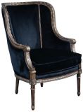 Bergere Chair Louis XVI French Hand-Carved Wood Antiqued Gold  Black Velvet