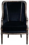 Bergere Chair Louis XVI French Hand-Carved Wood Antiqued Gold  Black Velvet