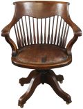Office Chair Antique French Windsor Style Walnut Wood Tobacco Brown Leather 1920
