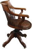 Office Chair Antique French Windsor Style Walnut Wood Tobacco Brown Leather 1920