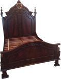 Queen Bed  Victorian Style Carved Double Arch  Flame Mahogany  Burl Inlay