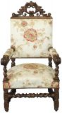 Thrones Pair Renaissance 1880 French Arm Chairs  Carved Oak  Floral Upholstery