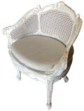 Vanity Chair Antiqued White Pretty Carved Wood Cane Back  Gray Linen Upholstery