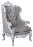Wingback Chair Antiqued White Intricate Carved Wood Linen Tufted Upholstery