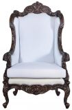 Wingback Chair Intricate Carved Wood Distressed Walnut Finish Muslin Upholstery