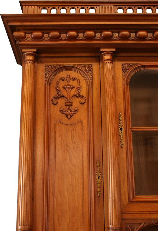 1900 French Renaissance Buffet  Elegant Carved Walnut  Marble  Glass Pane Door