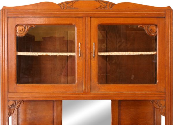 1920 French Buffet Art Deco   MidCentury Modern Oak  Glass Doors  Mirror