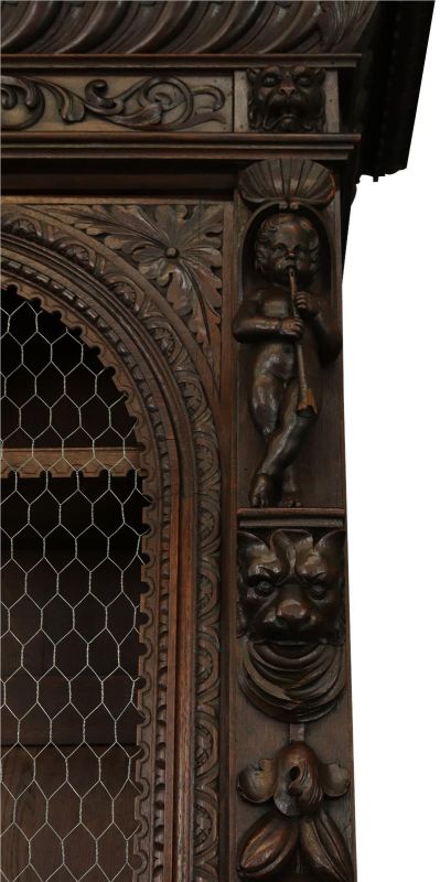 Antique Cabinet Bookcase Hunting Renaissance Putti Musicians Heavily Carved Oak