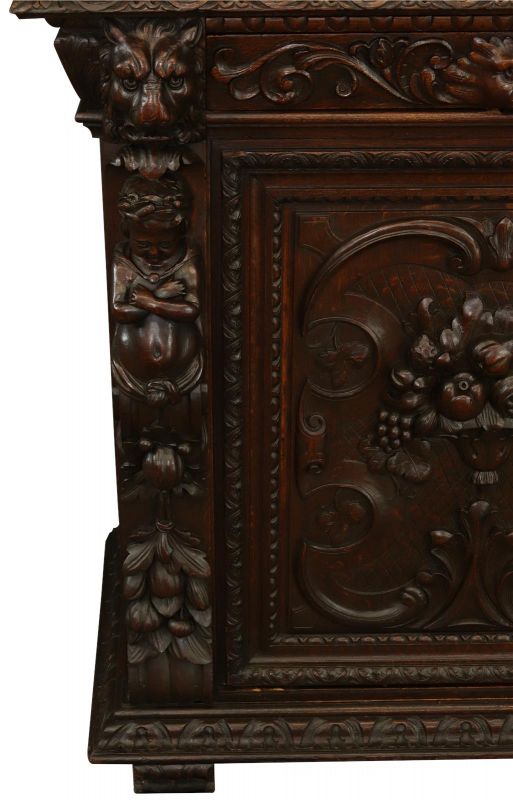 Antique Cabinet Bookcase Hunting Renaissance Putti Musicians Heavily Carved Oak