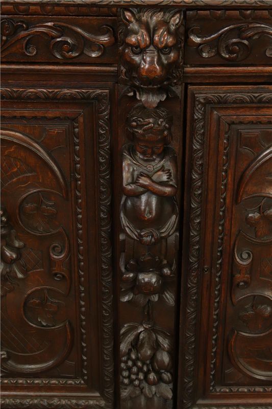 Antique Cabinet Bookcase Hunting Renaissance Putti Musicians Heavily Carved Oak