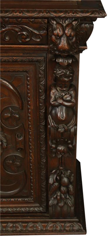 Antique Cabinet Bookcase Hunting Renaissance Putti Musicians Heavily Carved Oak