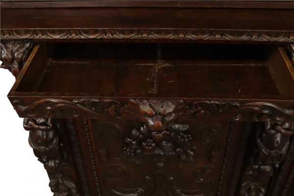 Antique Cabinet Bookcase Hunting Renaissance Putti Musicians Heavily Carved Oak