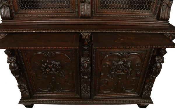 Antique Cabinet Bookcase Hunting Renaissance Putti Musicians Heavily Carved Oak