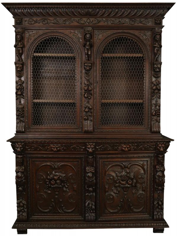 Antique Cabinet Bookcase Hunting Renaissance Putti Musicians Heavily Carved Oak