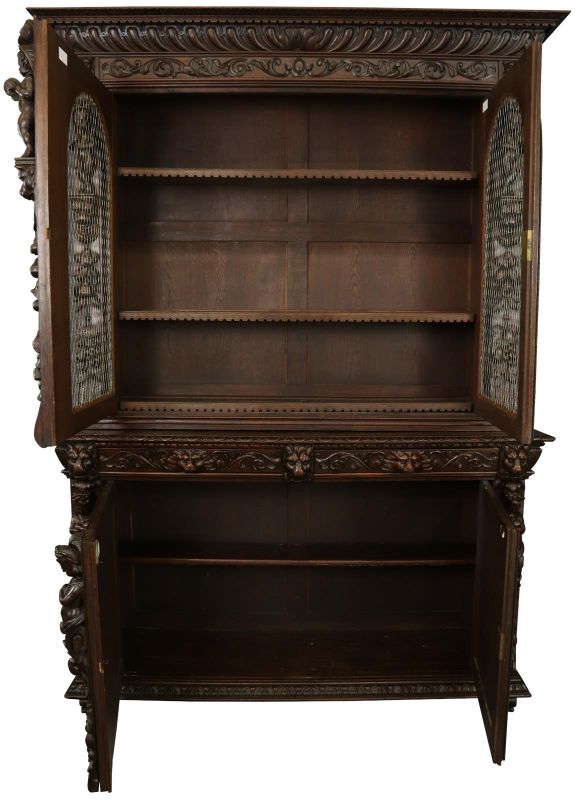 Antique Cabinet Bookcase Hunting Renaissance Putti Musicians Heavily Carved Oak
