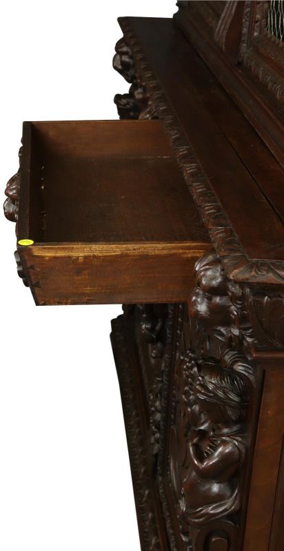 Antique Cabinet Bookcase Hunting Renaissance Putti Musicians Heavily Carved Oak