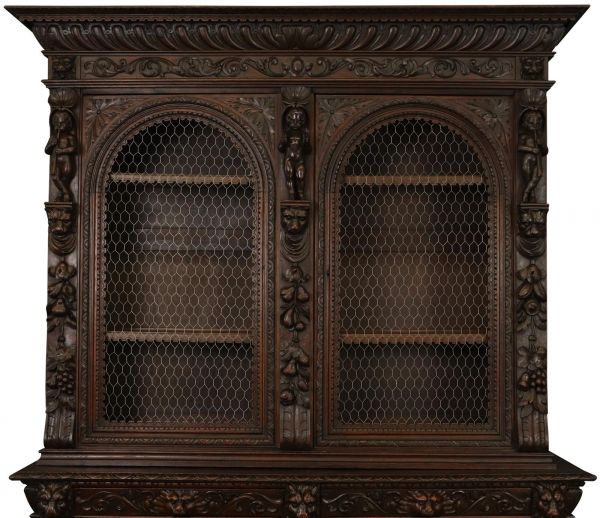 Antique Cabinet Bookcase Hunting Renaissance Putti Musicians Heavily Carved Oak