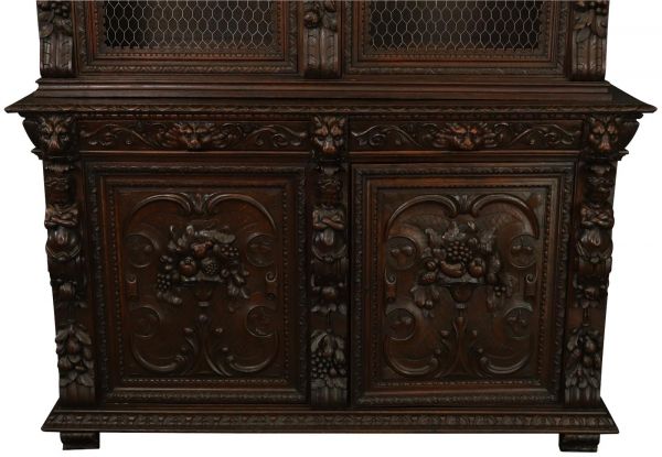 Antique Cabinet Bookcase Hunting Renaissance Putti Musicians Heavily Carved Oak