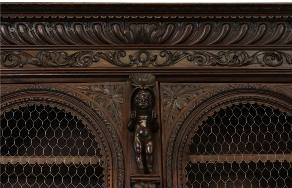 Antique Cabinet Bookcase Hunting Renaissance Putti Musicians Heavily Carved Oak