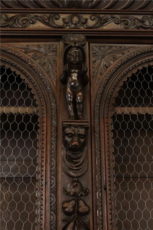 Antique Cabinet Bookcase Hunting Renaissance Putti Musicians Heavily Carved Oak