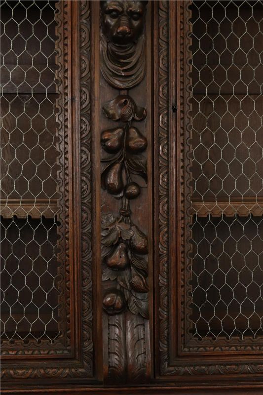 Antique Cabinet Bookcase Hunting Renaissance Putti Musicians Heavily Carved Oak