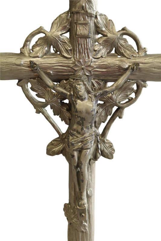 Antique Crucifix Cross Religious Pewter Black Tan Gray Textured Metal Brass