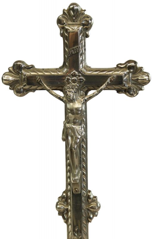 Antique Crucifix Cross Religious Rococo Styling Metal Brass Bronze