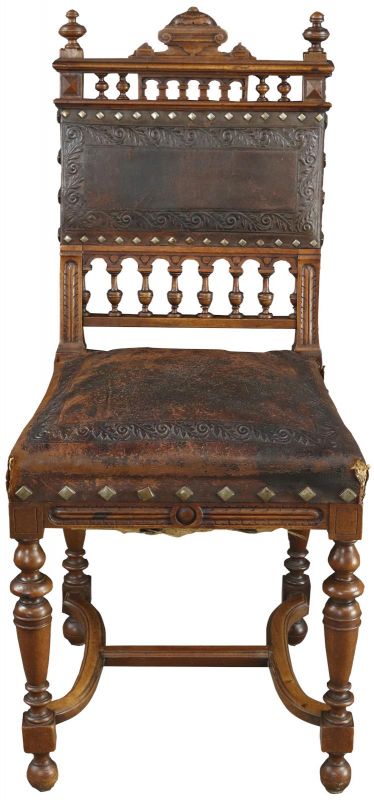 Antique Dining Chairs Henry II Set 8 Renaissance Embossed Leather Walnut