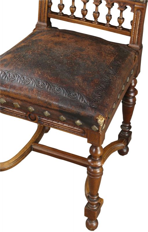 Antique Dining Chairs Henry II Set 8 Renaissance Embossed Leather Walnut