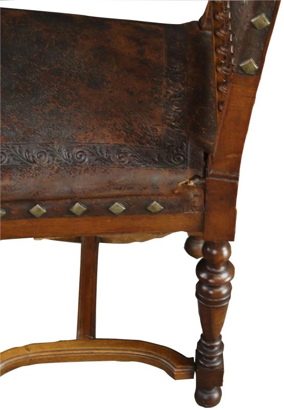 Antique Dining Chairs Henry II Set 8 Renaissance Embossed Leather Walnut
