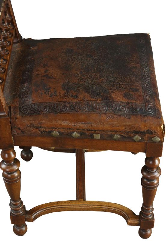 Antique Dining Chairs Henry II Set 8 Renaissance Embossed Leather Walnut