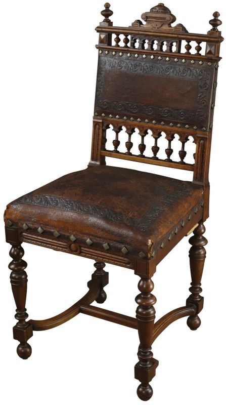Antique Dining Chairs Henry II Set 8 Renaissance Embossed Leather Walnut
