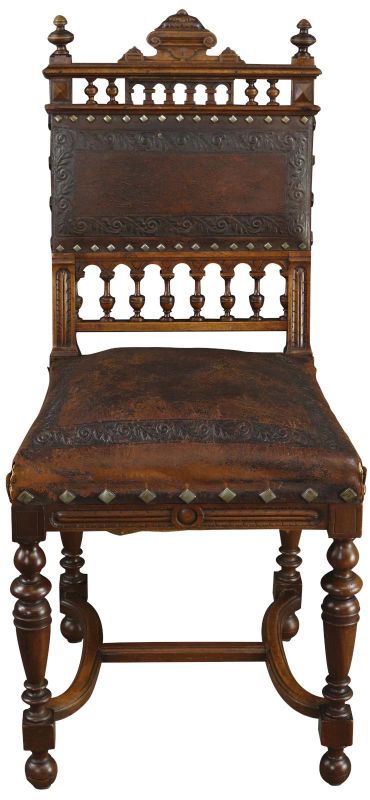 Antique Dining Chairs Henry II Set 8 Renaissance Embossed Leather Walnut