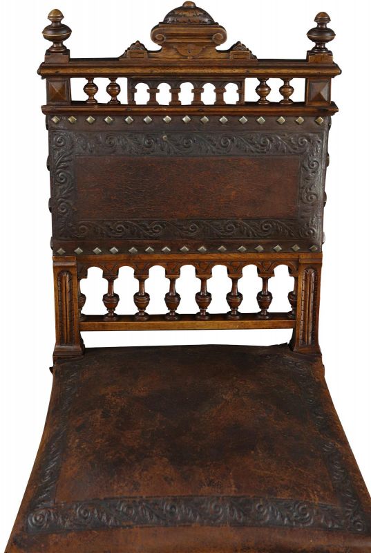 Antique Dining Chairs Henry II Set 8 Renaissance Embossed Leather Walnut
