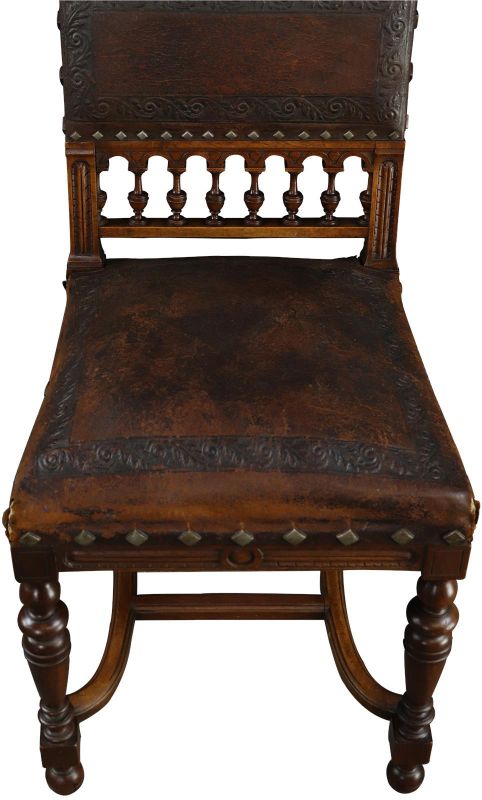 Antique Dining Chairs Henry II Set 8 Renaissance Embossed Leather Walnut