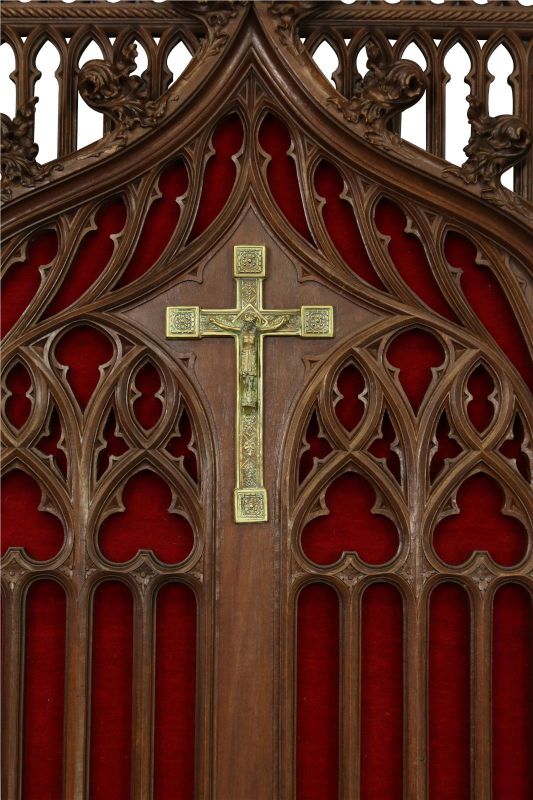 Antique Kneeler Prayer French Gothic 1870 Walnut Oak Red Religious Crucifix