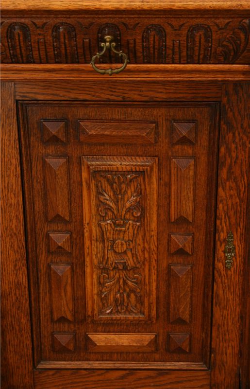 Antique Renaissance Buffet Belgium 1900  Nicely Carved Oak Animals  Glass Door
