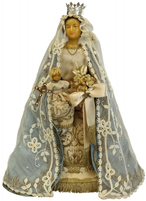 Antique Sculpture Religious Madonna Mother And Child Jesus Off-White Gold Blue