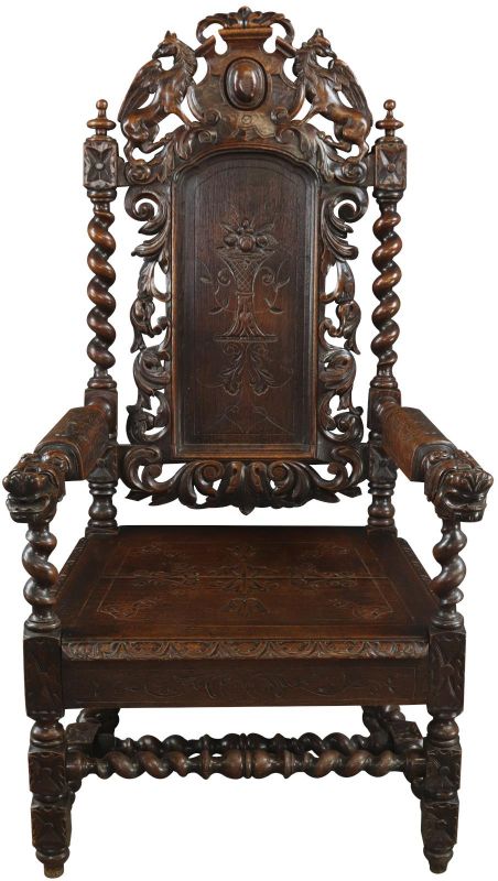 Antique Thrones Pair Hunting Renaissance Carved Winged Griffin Oak Arm Chair