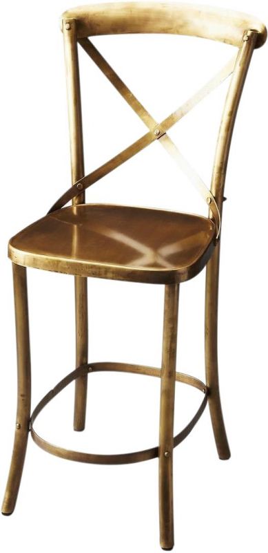 Bar Stool Industrial Curved Legs Square Seat X-Back Gold Distressed Black Iron